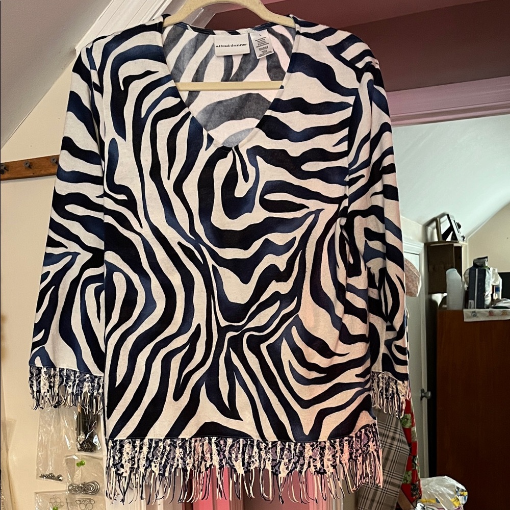 Alfred Dunner Zebra Print Fringe Top - Blue and White